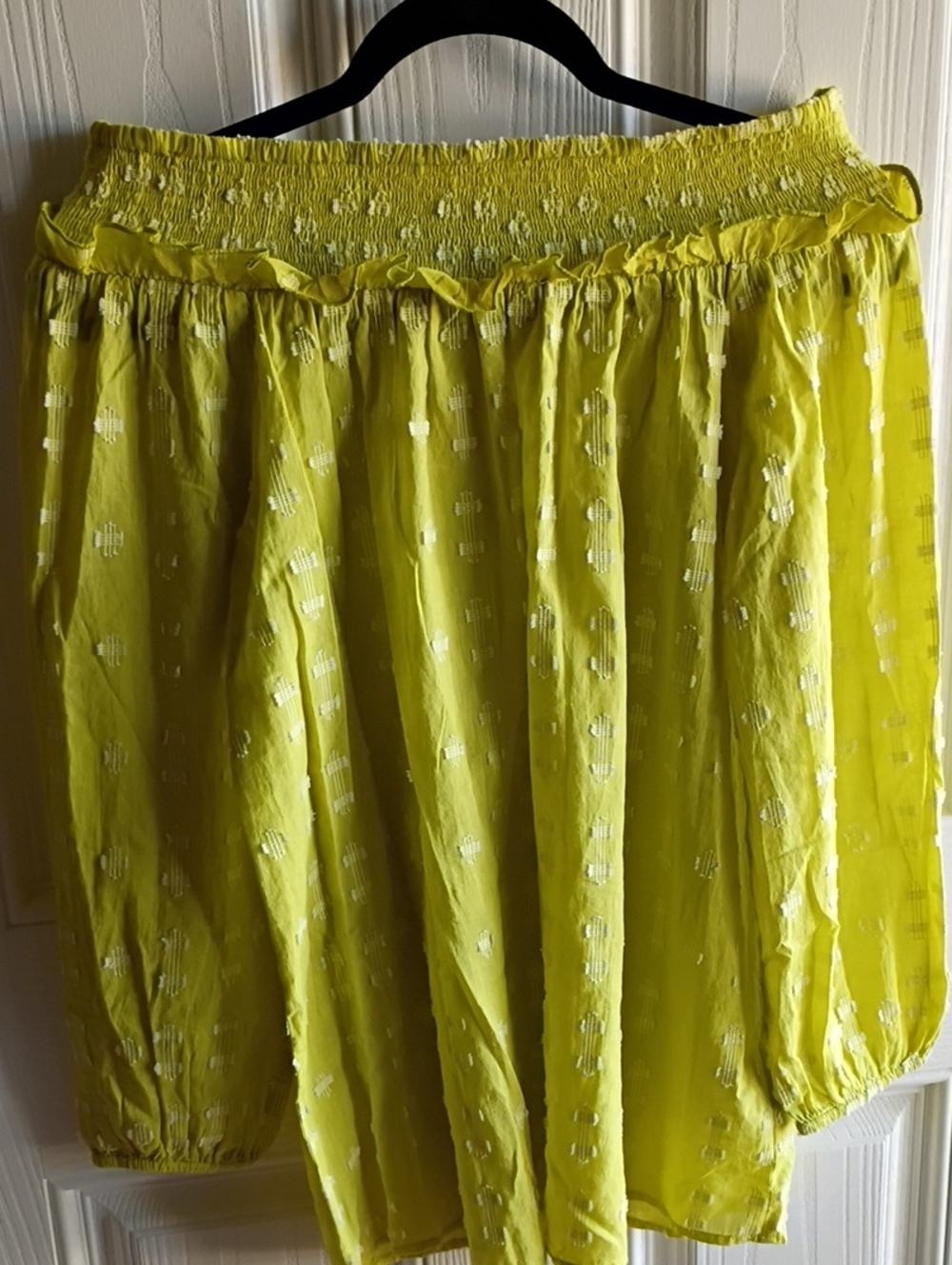 Charlie Paige Yellow Smocked Off The Shoulders Blouse with Textured Dots
